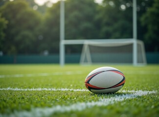 Rugby ball resting on the grass near the goalpost on a serene field, copy space