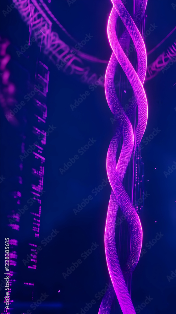 Poster glowing purple double helix structure radiates energy in a dark digital environment with data stream