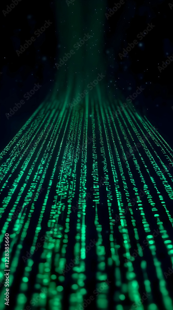 Poster abstract background of green digital data stream flowing downward with glowing particles