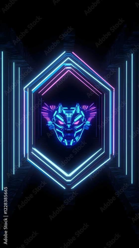 Poster 3d illustration of a futuristic robot head with neon lights in a hexagonal frame