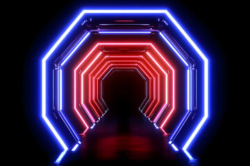 Neon Octagon Tunnel Glowing with Blue and Red Light Creates a Futuristic Passage