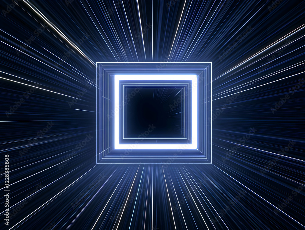 Poster abstract background with glowing neon square frame and streaking light rays