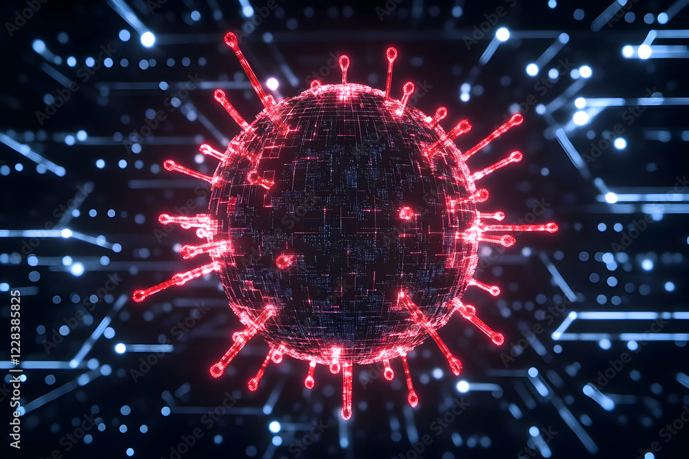 Poster 3d virus model shows red spikes and circuitry details on a dark background representing digital heal
