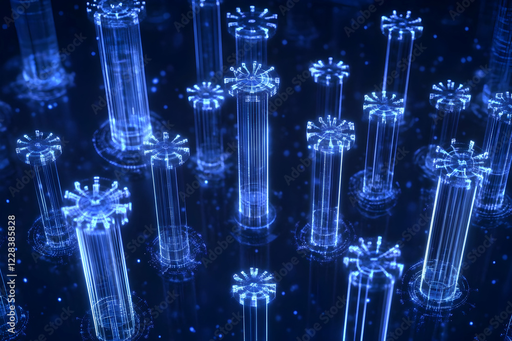 Poster abstract 3d render of glowing blue cylinders with circular structures in futuristic setting