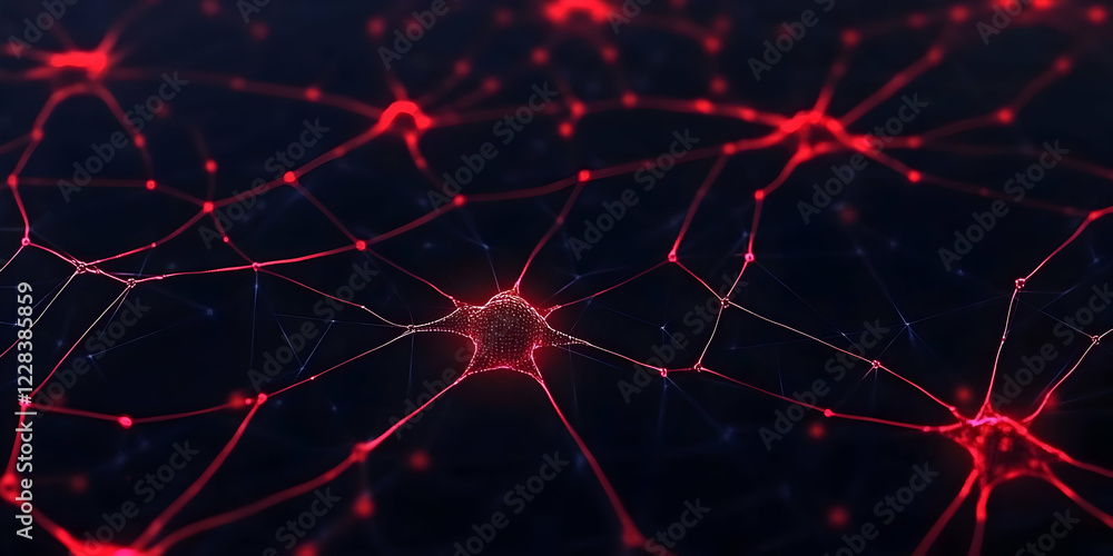 Poster abstract 3d illustration of neuron cell showing neural network connections in red and blue