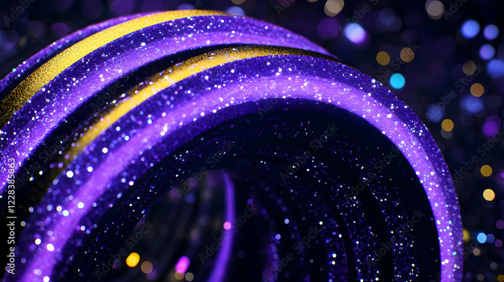 Poster abstract 3d render of glittering purple and gold swirls with bokeh background