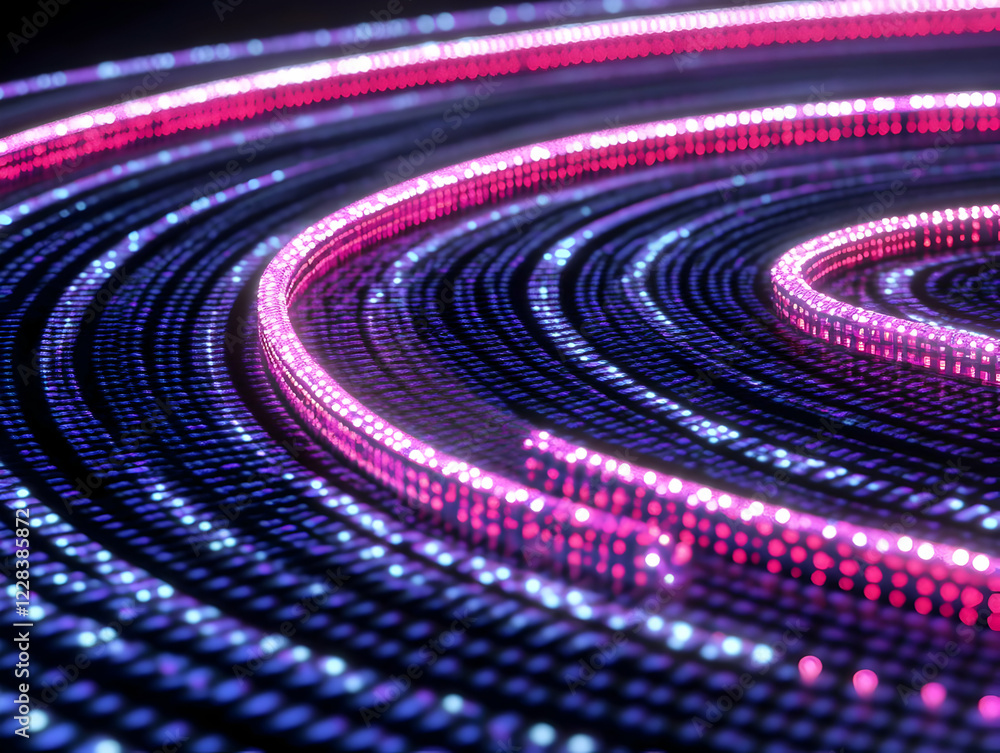 Poster abstract 3d render of concentric circles with glowing purple and pink lights creates a dynamic visua