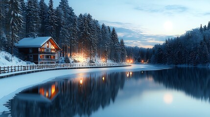 Fototapeta premium Serene winter evening by a lakeside cabin, illuminated trees reflecting on calm waters