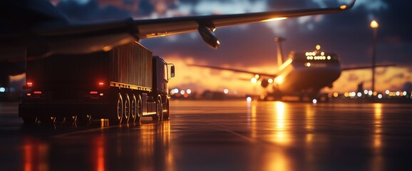 Naklejka premium Sunset cargo plane airport, truck loading, logistics