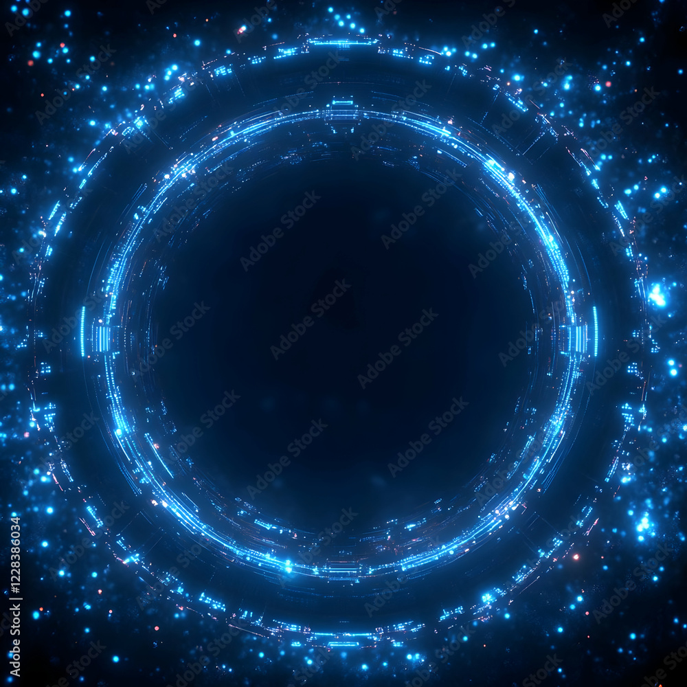 Poster abstract circular light trails form a futuristic portal against a dark background with glittering pa