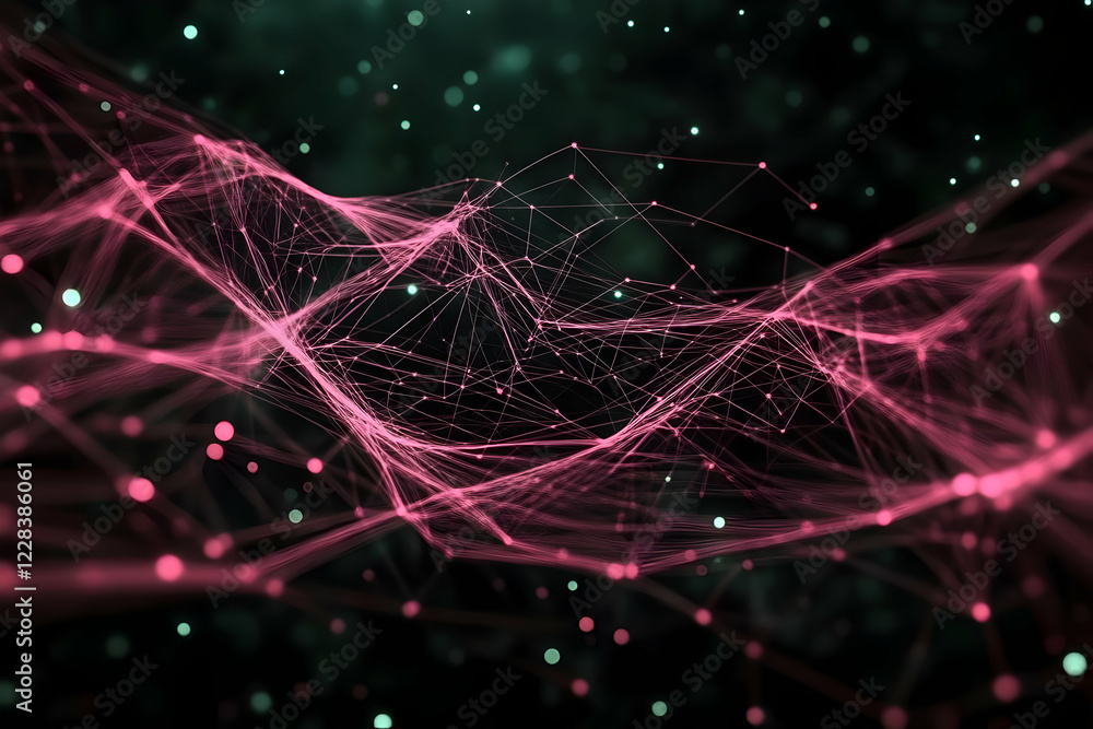 Aufkleber abstract pink network glows and connects dynamically with sparkling particles in digital space