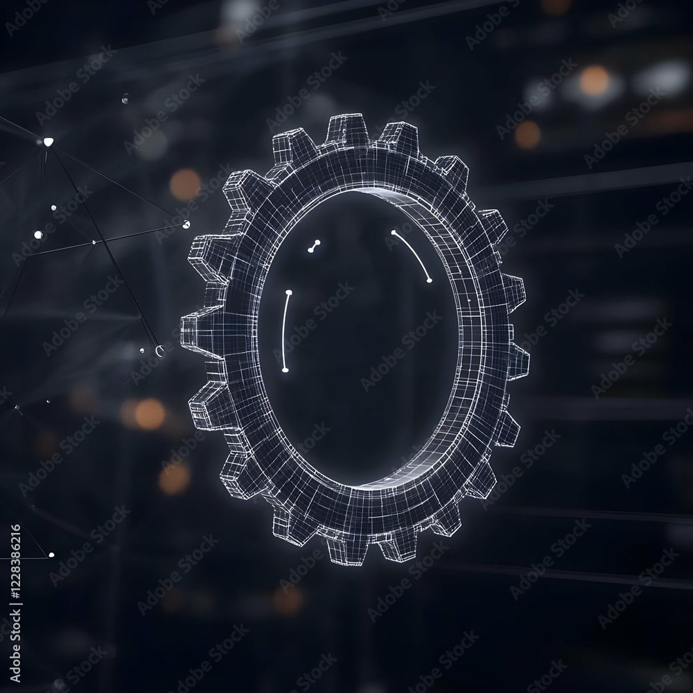 Poster 3d wireframe gear rotates smoothly in dark abstract background with network connections