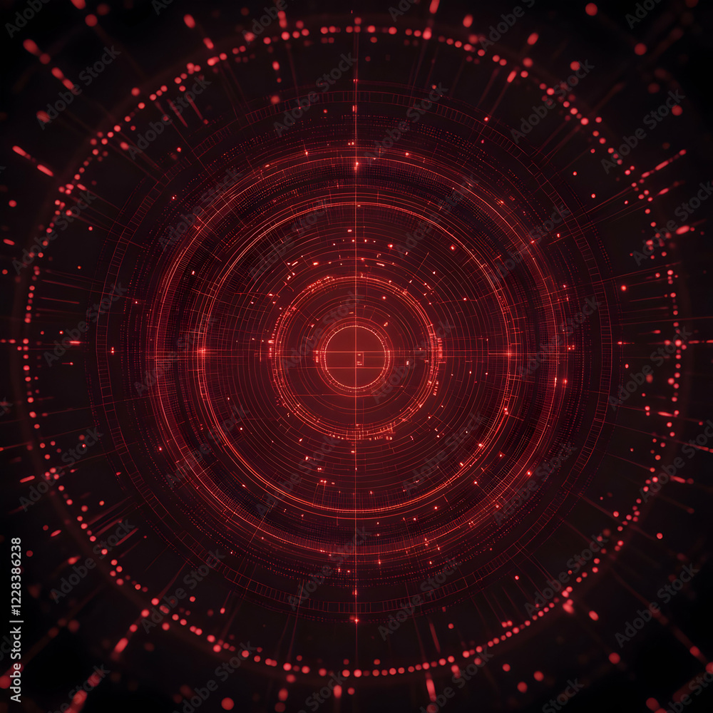 Poster red circular technology background shows futuristic hud interface with glowing lines and circles.