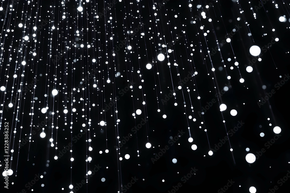 Poster white lights hanging on strings create a magical atmosphere against a black background