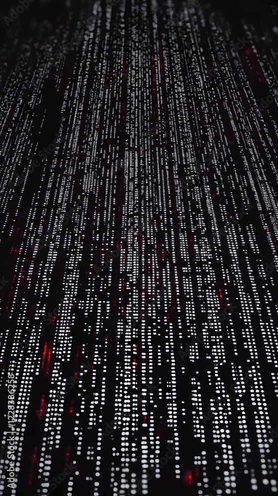 Poster abstract data stream flows downward with red accents on a dark background: digital art.