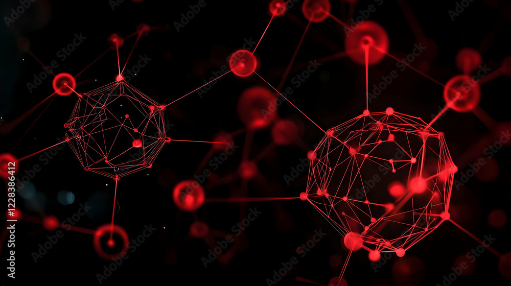 Poster abstract 3d red network nodes connected by lines on black background