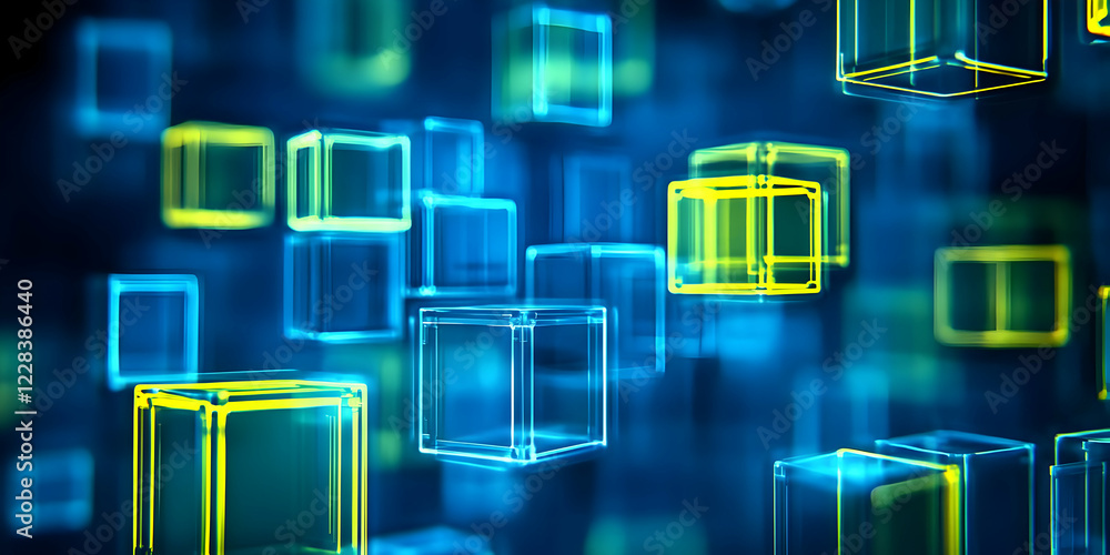 Poster 3d rendered abstract background with glowing cubes floating in blue space