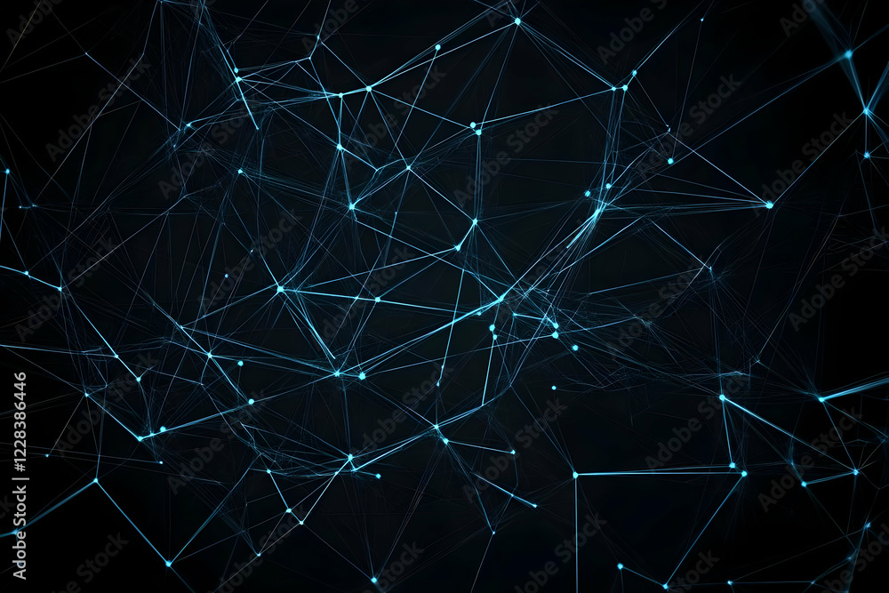 Poster abstract network lines and nodes glowing on a dark background, creating a futuristic digital web.