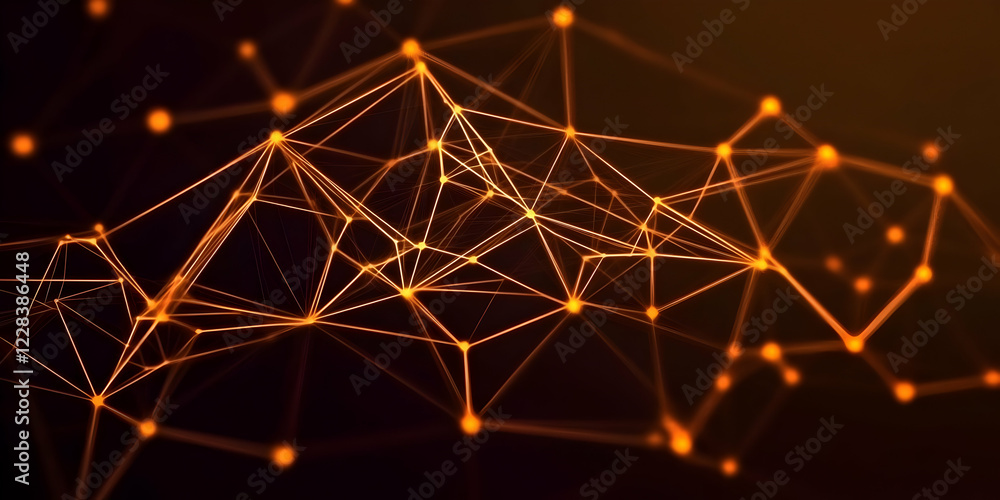 Poster abstract background with orange network connections and nodes glowing brightly in digital space