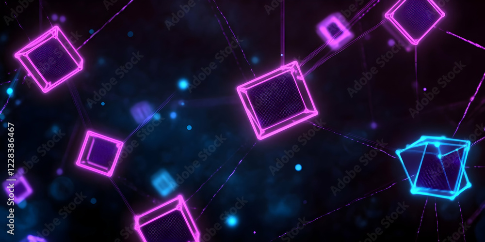 Poster abstract 3d glowing cubes connected by lines in dark background abstractly