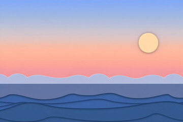 Fototapeta premium Paper Cutout Ocean Waves Under a Pastel Sunset Sky with Distant Mountains
