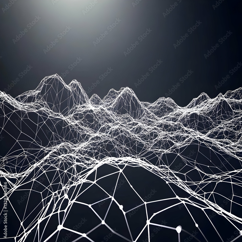 Poster abstract 3d wireframe landscape forms a digital terrain with interconnected lines and nodes