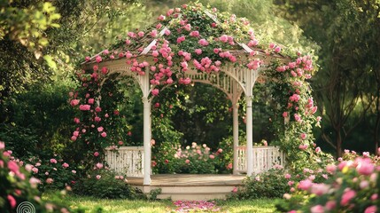 Serene Garden Gazebo Adorned with Pink Roses in Full Bloom