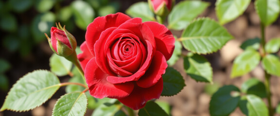 Red rose flower with a romantic mood blooming in a garden