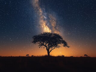 Majestic Milky Way and silhouetted trees under starry sky at night time
