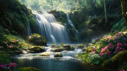 Lush Waterfall in Forest, Tranquil Scene, Background Plants, Nature Wallpaper