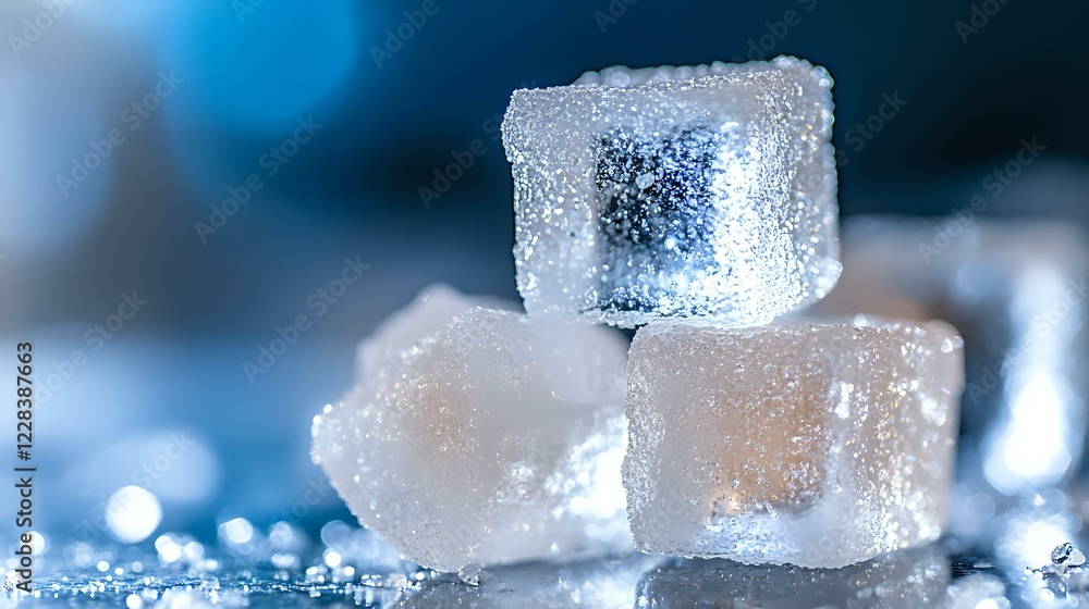 Poster frozen ice cubes with water droplets and frost on blue background, macro close up shot showing cryst