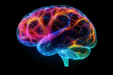 Colorful glowing neural network visualization of human brain with vibrant orange, blue, and pink light trails on black background showing synaptic connections.