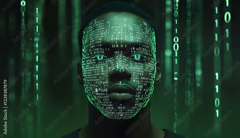 Poster digital code projection on african american male face with binary numbers and green matrix backgroun