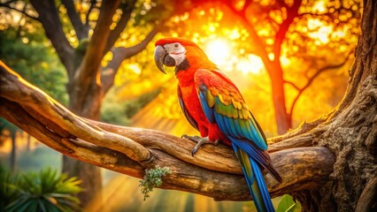 Obraz premium Vibrant Parrot Perched on Lush Tropical Tree Branch - Stunning Architectural Photography