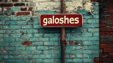 Fototapeta premium Red and white rectangular sign displaying the word 'galoshes' mounted against a rustic blue and orange brick wall background outdoors