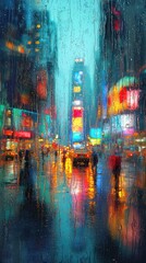 Obraz premium Vibrant Cityscape With Raindrops During Night in Urban Environment