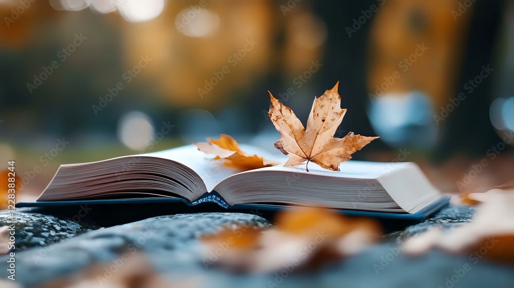Poster open book with autumn maple leaf on pages against blurred fall background with bokeh lights, creatin