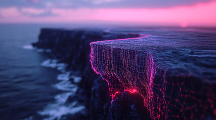 Vibrant Holographic Cliffside Rendering Illuminated by Sunbeams