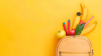 Backpack Filled with Fruits and School Supplies on Vibrant Yellow Background