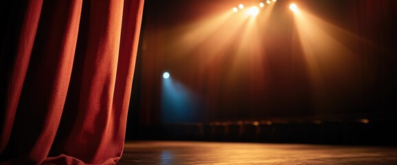 Theater stage curtain, spotlight, empty seats.  Performance backdrop