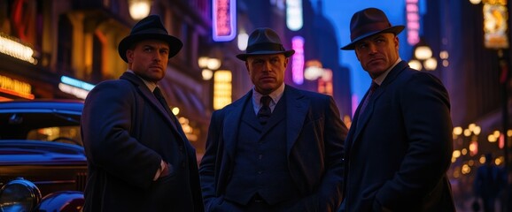 Obraz premium Three gangsters in 1920s city. Night. Car. Crime