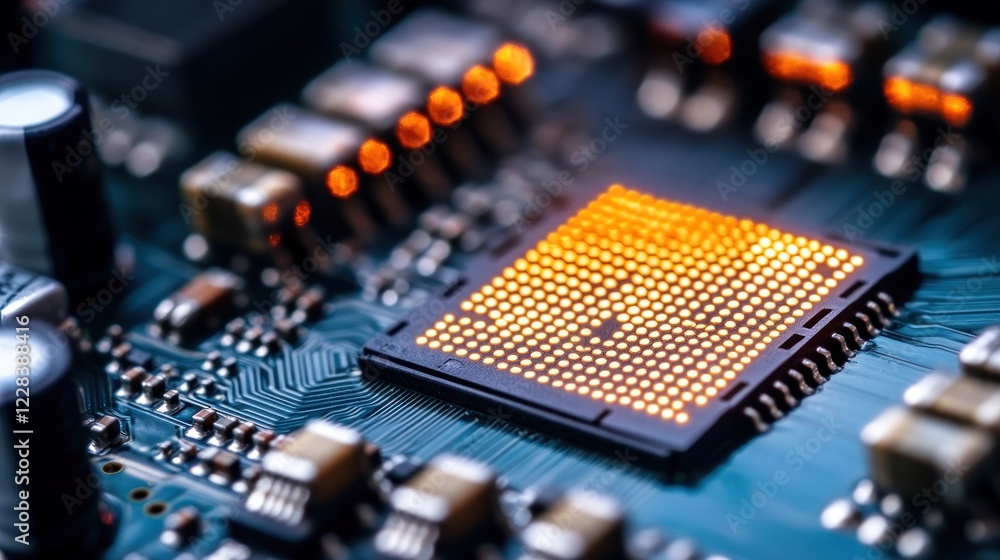 Poster close-up of a glowing cpu on a circuit board, showcasing intricate details of modern technology.