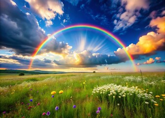 Naklejka premium Vibrant Rainbow & Fluffy Clouds Over Lush Green Field - Sunny Day Stock Photo