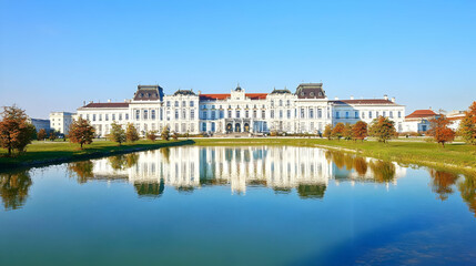 Obraz premium Grand White Palace Reflected Serenely in the Calm Water of a Picturesque Pond on a Clear Day