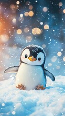Fototapeta premium Cute penguin chick in snowy landscape with bokeh lights effect
