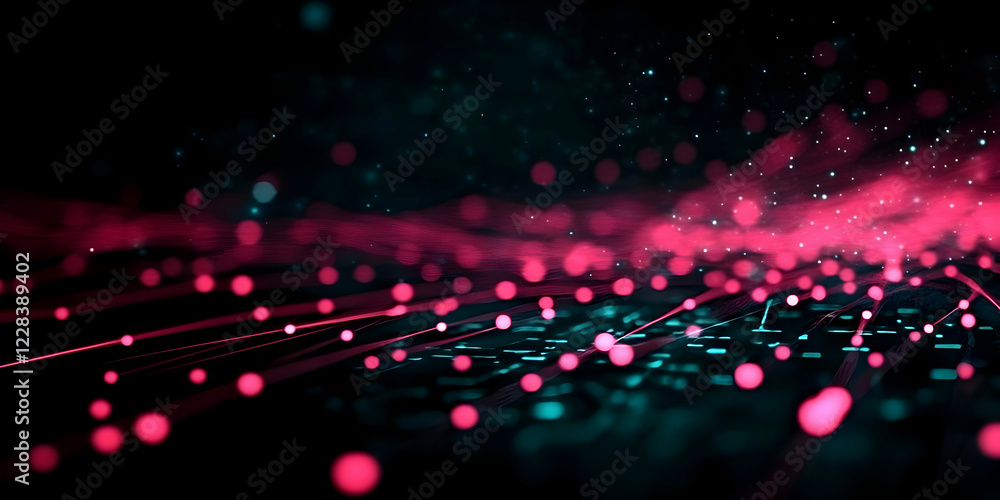 Poster abstract background shows pink and teal lights flowing dynamically with bokeh effect