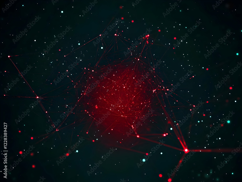 Poster red plexus network connects glowing nodes in a dark, starry background