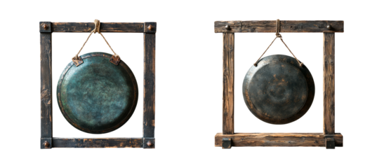 Vintage Gong with Wooden Frame on Transparent Background