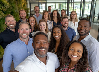 Obraz premium A Diverse Team Smiling and Posing Together in a Modern Office Environment
