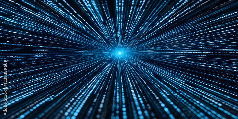 Poster abstract blue light streaks converge dynamically towards a central bright source